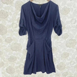 BCBGMaxAzria Draped Neckline Tab sleeve Shift Dress Navy Blue S